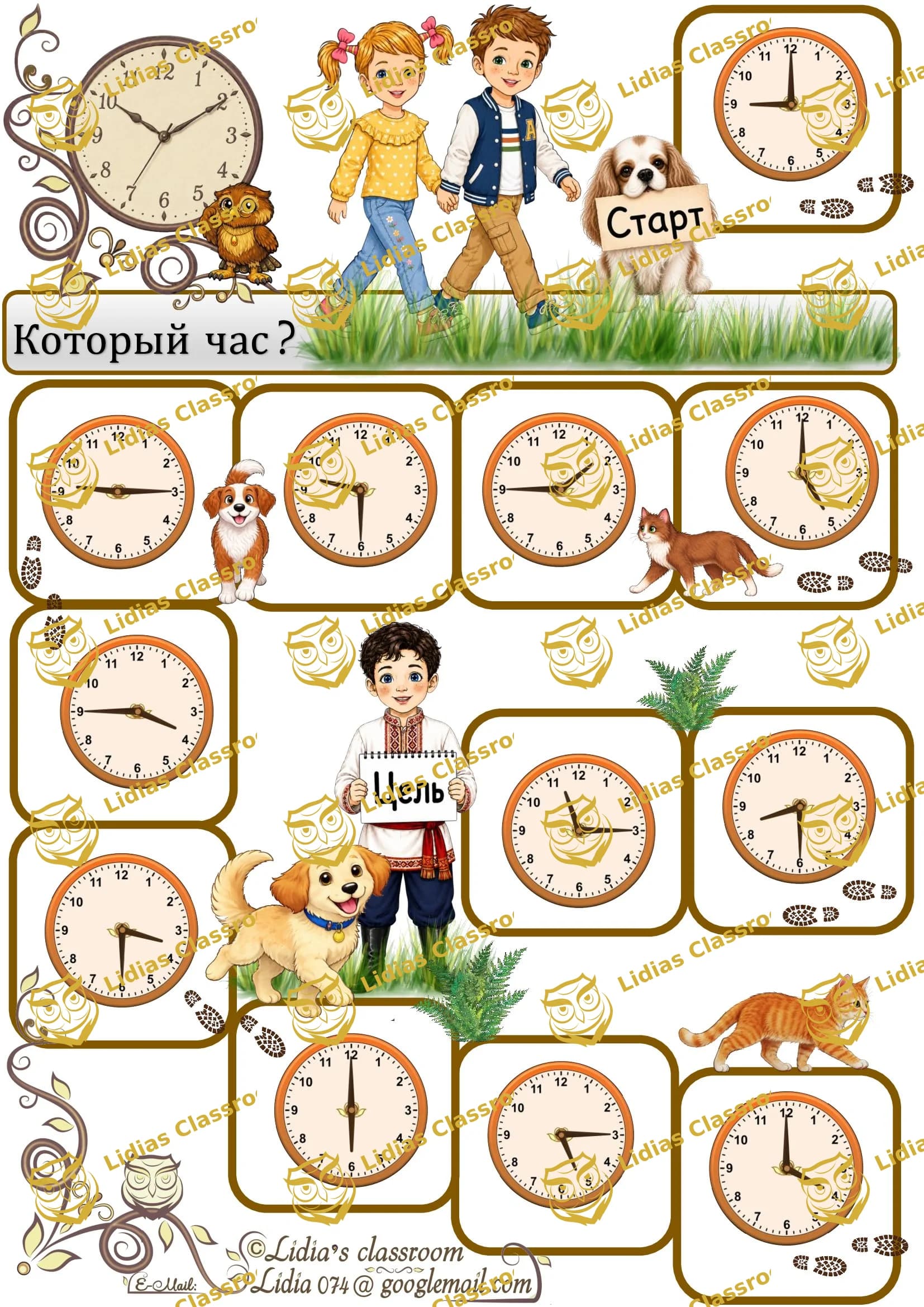 Brettspiel „Die Uhrzeit“ - 1 / Russisch / volle Stunde, halbe Stunde, Viertelstunde