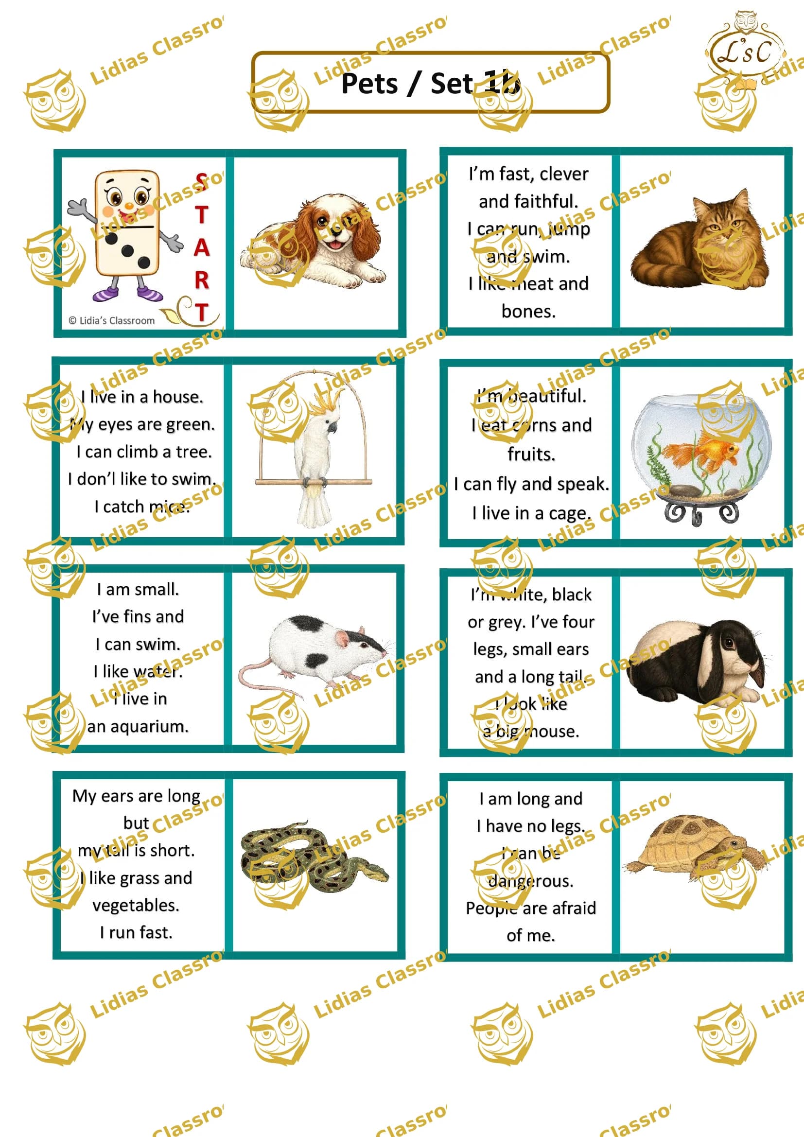 Domino / Englisch-Lernspiel für Kinder: Thema Haustiere zum Ausdrücken / Teil 1b