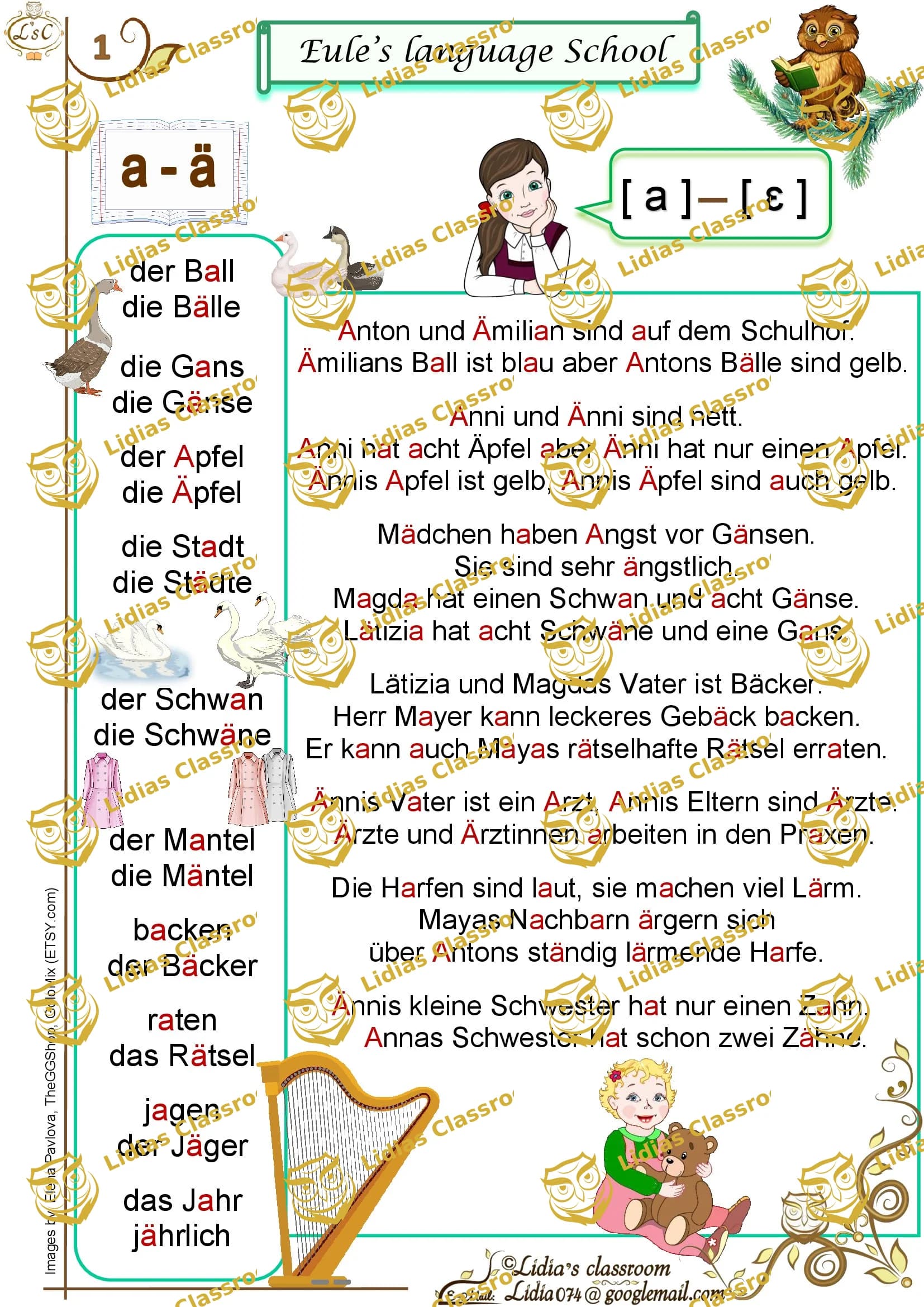 Eule's Sprachschule / Rechtschreibung / Leseblatt mit a und ä