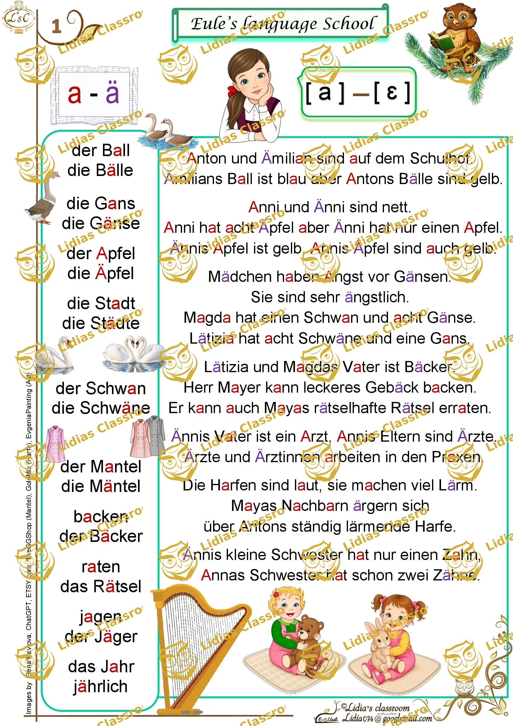 Eule's Sprachschule / Rechtschreibung / Leseblatt mit a und ä